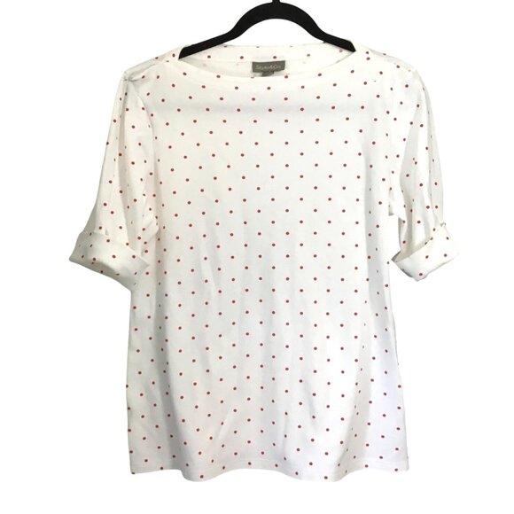 STYLE & CO. WOMENS WHITE /RED POLKA DOTS 1/2 SLEEVE TOP SIZE LARGE - Picture 1 of 6